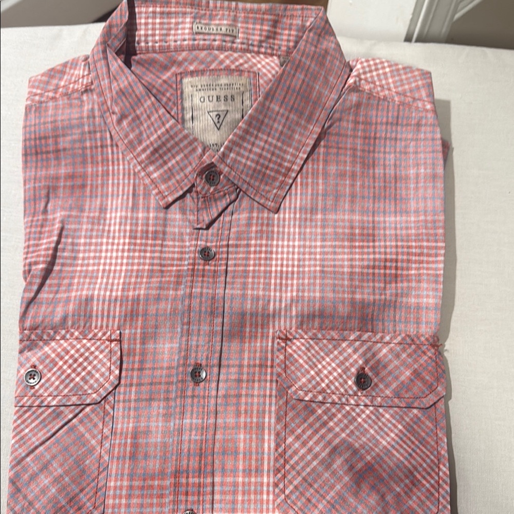 GUESS Men's Pink and White Checkered Shirt